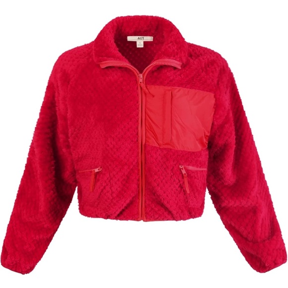 Red Fuzzy Textured Zip-Up Cropped Jacket - Picture 1 of 10